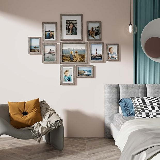Vittanly Picture Frames Set of 10, Picture Frames Collage Wall Decor with Two 8x10, Four 5x7 and Four 4x6 Photo Frames, Gallery Wall Frame Set for Wall or Tabletop Display, Dark Grey