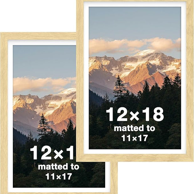 FrameWorks 2-Pack, 12x18 Matted to 11x17 Picture Frame, Natural Oak – Classic Wooden Photo Frame with Tempered Glass, Modern Matte Finish for Prints, Posters, Certificates & Wall Decor – Gallery-Ready