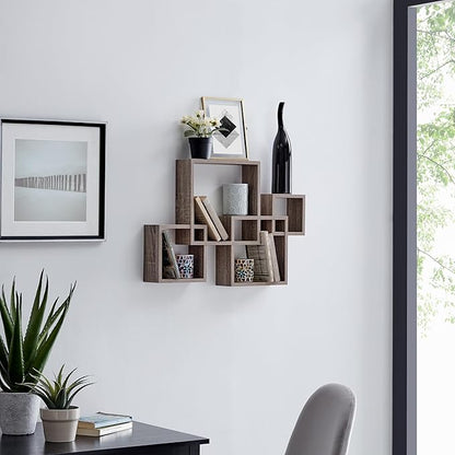 Danya B. Decorative Wall Mount Floating Intersecting Cube Accent Wall Shelf (Weathered Oak)