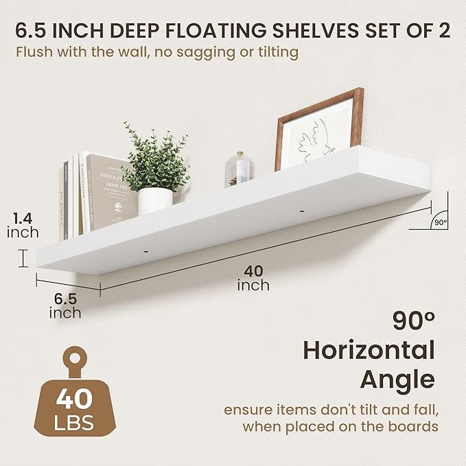 40 Inch Floating Shelves | 6.5 Inch Deep White Floating Shelves Set of 2 | 40" W x 6.5" D Rustic White Wood Wall Shelves with Invisible Brackets for Bathroom Living Room Bedroom