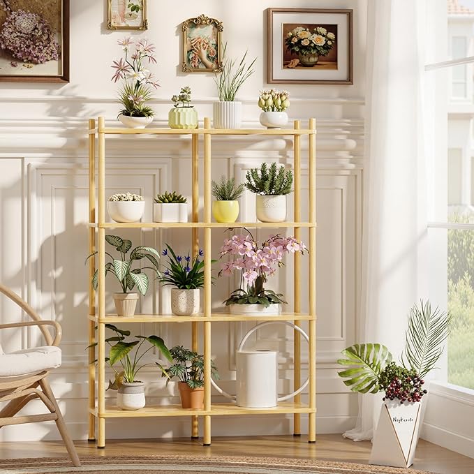 Book Shelf, 4 Tier Bamboo Bookshelf, Tall Bookcase with 8 Open Display Shelves Storage Organizer, Adjustable Bookshelves Standing Shelf Units for Bedroom, Living Room, Bathroom, Home Office