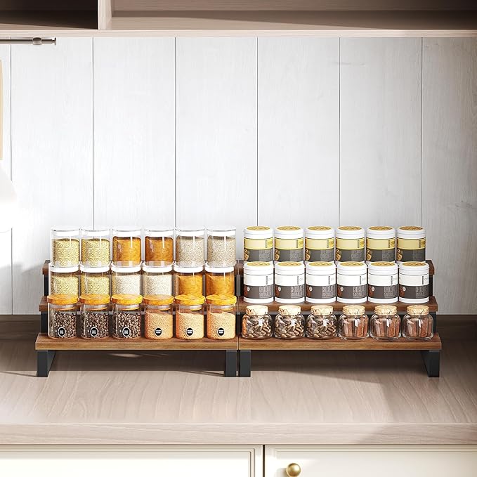 Spice Rack, 3 Tier Wooden Display Riser Stand, Kitchen Storage Organizer for Spices, Versatile Display Shelf, Space Saving, for Kitchen Countertop and Cabinet, Rustic Brown SR03L2BR