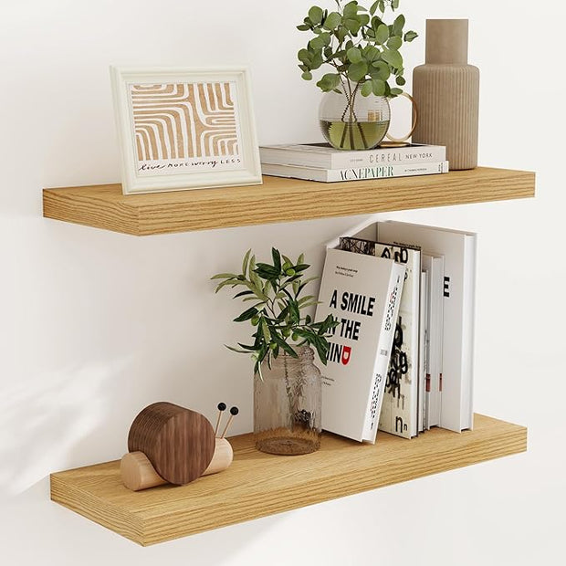 Fun Memories 32" W x 9.3" D Floating Shelves, Rustic Wood Deep Shelves for Bedroom, Kitchen, Living Room, Long Floating Shelf for Wall, Storage Display Wall Shelf for Books Decor, Oak