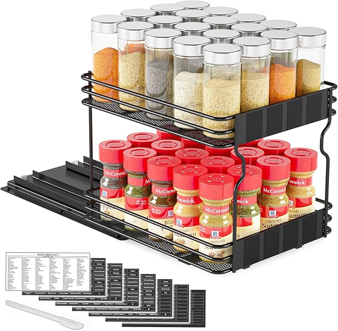 SpaceAid Pull Out Spice Rack Organizer for Cabinet, Heavy Duty Slide Out Seasoning Kitchen Organizer, Cabinet Organizer, with Labels, 8.5