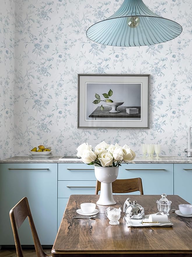 Ismoon Blue Wallpaper Peel and Stick Floral Vintage Stick on Wall Paper French Textured Contact Paper for Cabinet Removable Self Adhesive Wallpaper Vinyl Roll Shelf Deco, 17.3x393in