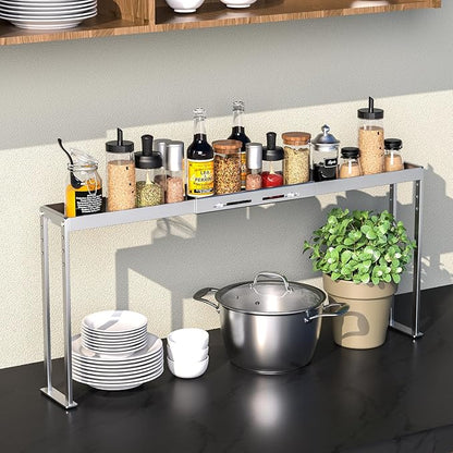Stove Top Shelf - Adjustable Oven Shelf for Top of Stove for 27-33inch, Kitchen Spice Organizer, Silver