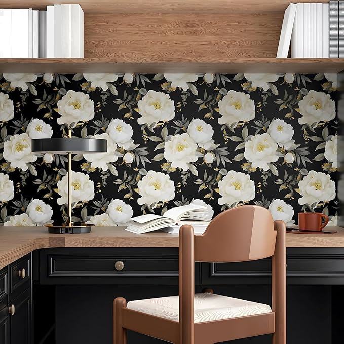 Dark Floral Wallpaper Peel and Stick Boho Wallpaper 17.5in x393in White Floral Contact Paper Self Adhesive Waterproof Vintage Flowers Wall Paper for Bedroom Walls Countertop(White,Golden)