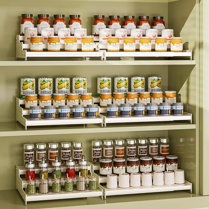 Expandable Carbon Steel Spice Rack Organizer for Pantry, Adjustable 3-Tier Ladder Shelf,Holds Up to 24 Cans,Kitchen Countertop Organizer, Rustproof Storage Rack for Spices, Cans, Sauces & Dry Goods