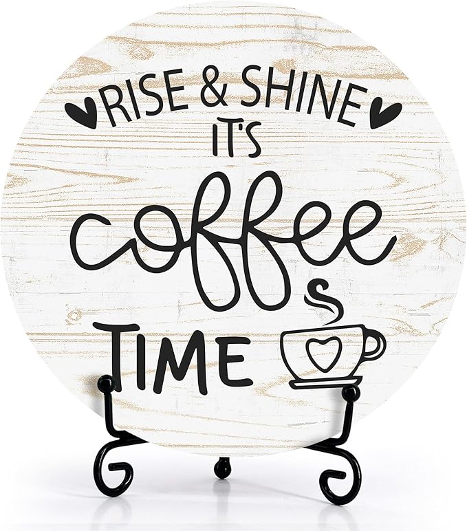 Coffee Desk Decor Sign, Farmhouse Wood Plaque, It Is Coffee Time Wood Sign, Cafe Lover Gifts, Decor For Home Kitchen Table Top, Wooden Round Decorations With Stand-18