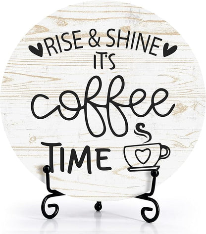 Coffee Desk Decor Sign, Farmhouse Wood Plaque, It Is Coffee Time Wood Sign, Cafe Lover Gifts, Decor For Home Kitchen Table Top, Wooden Round Decorations With Stand-18