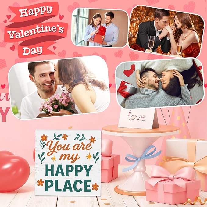 Valentines Desk Decor, Valentine's Day Home Office Table Sign for Wife Daughter from Dad Husband, Valentine Gifts Decorations for Porch Tiered Tray Shelf Party, You Are My Happy Place