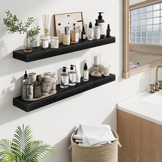 Fun Memories Floating Shelves for Room Wall, 36 Inch Long Shelf Set of 2， Hanging Wood Shelves for Storage & Display, Black