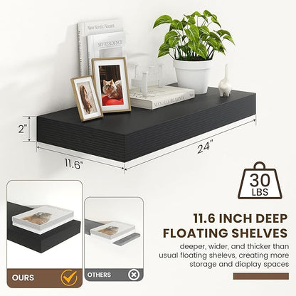 12 Inch Deep Floating Shelves | 24 Inch Black Floating Shelves | 24W x 12D Rustic Black Wall Shelves | Deep Shelves for Living Room Bathroom Kitchen Bedroom