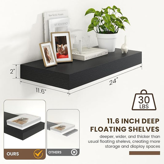 12 Inch Deep Floating Shelves | 24 Inch Black Floating Shelves | 24W x 12D Rustic Black Wall Shelves | Deep Shelves for Living Room Bathroom Kitchen Bedroom