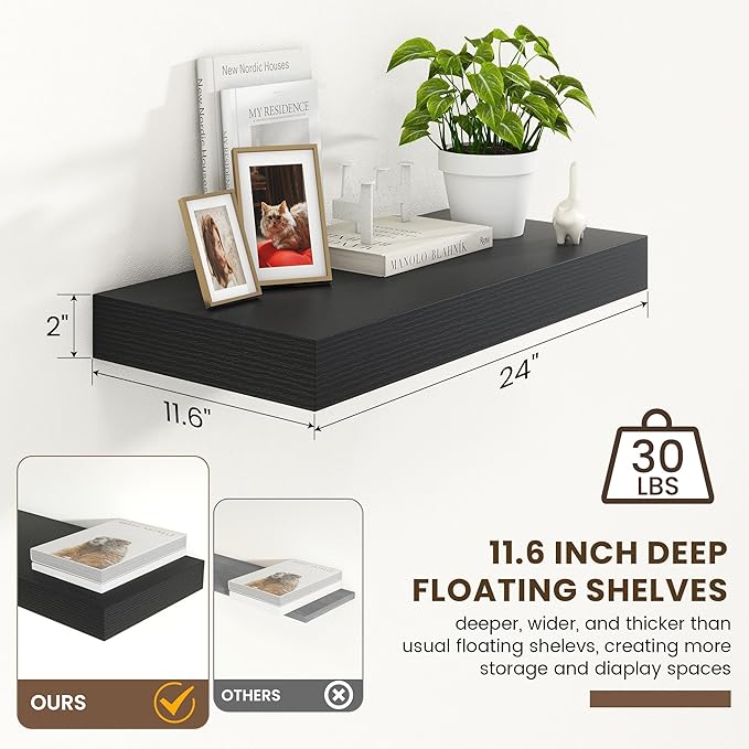 12 Inch Deep Floating Shelves | 24 Inch Black Floating Shelves | 24W x 12D Rustic Black Wall Shelves | Deep Shelves for Living Room Bathroom Kitchen Bedroom