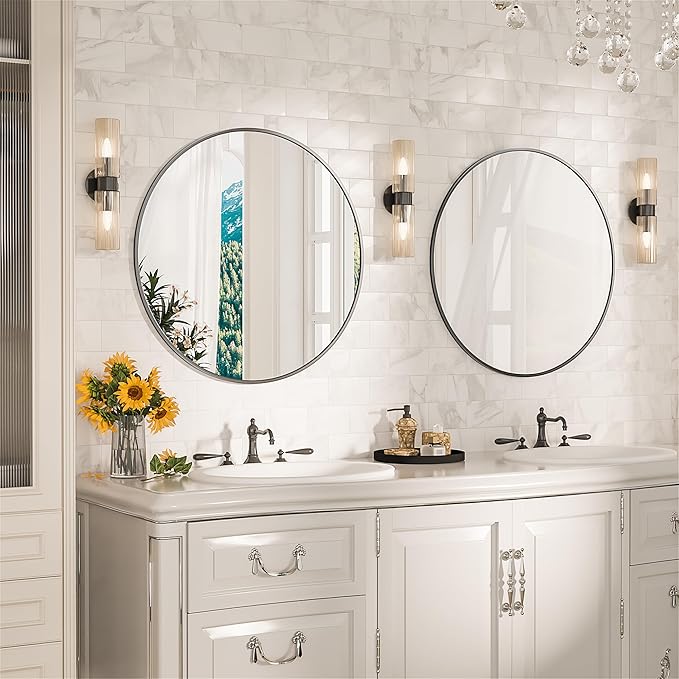 Antok 20 Inch Round Mirror for Wall, Round Bathroom Mirror, Circle Wall Mirrors with Black Metal Frame, Circle Mirrors Suitable for Wall, Bathroom, Vanity, Living Room, Entryway