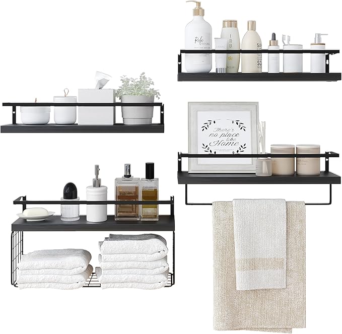Black Wood Floating Shelves Wall Mounted - 3+1 Tier Rustic Bathroom Wall Shelves Over Toilet with Wire Storage Basket and Towel Bar, set of 4 Farmhouse Floating Shelf for Bathroom, Kitchen, Bedroom.