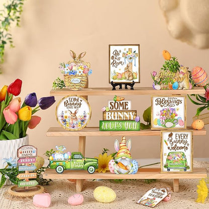 Amyhill 24 Pcs Easter Tiered Tray Decor Bunny Easter Spring Decorations Farmhouse Wooden Signs Gnome Egg Flower Tiered Tray Decor for Home Kitchen Coffee Bar Table Shelf
