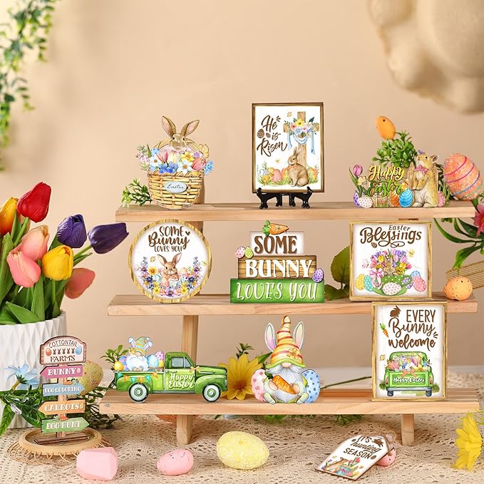 Amyhill 24 Pcs Easter Tiered Tray Decor Bunny Easter Spring Decorations Farmhouse Wooden Signs Gnome Egg Flower Tiered Tray Decor for Home Kitchen Coffee Bar Table Shelf