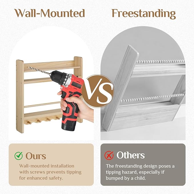 Large Nursery Bookshelf for Wall: 23.6inch 2-Tier Floating Book Shelves for Kids Toddlers Bedroom Solid Pine Wood Storage Organizer with Ledge Hooks Bar (Natural)