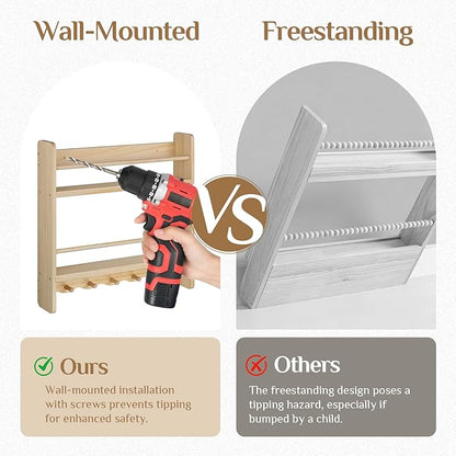 Large Nursery Bookshelf for Wall: 23.6inch 2-Tier Floating Book Shelves for Kids Toddlers Bedroom Solid Pine Wood Storage Organizer with Ledge Hooks Bar (Natural)