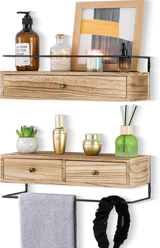 2-Pack Rustic Floating Shelves with Drawer, Wall Mounted Bathroom Shelf, 15.8 Inch Long, Brown Wood & Metal, 30 lbs Capacity
