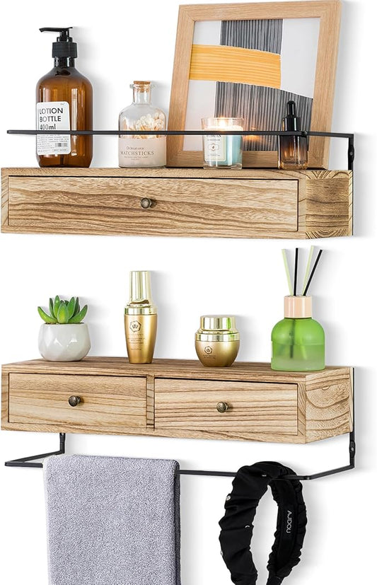 2-Pack Rustic Floating Shelves with Drawer, Wall Mounted Bathroom Shelf, 15.8 Inch Long, Brown Wood & Metal, 30 lbs Capacity
