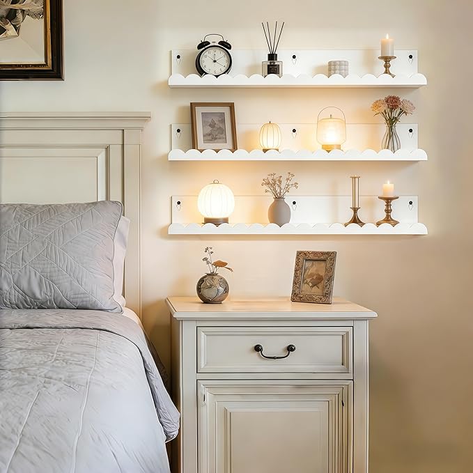 24 Inch Nursery Book Shelves Set of 4, White Metal Floating Shelves for Wall, Scalloped Cloud Book Shelf for Kids Room, Bathroom, Bedroom, Playroom Wall Decor & Storage
