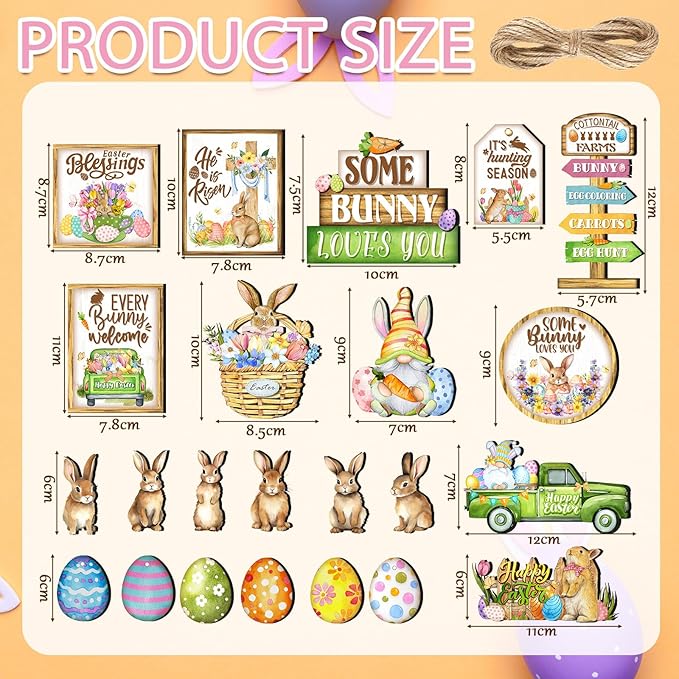Amyhill 24 Pcs Easter Tiered Tray Decor Bunny Easter Spring Decorations Farmhouse Wooden Signs Gnome Egg Flower Tiered Tray Decor for Home Kitchen Coffee Bar Table Shelf