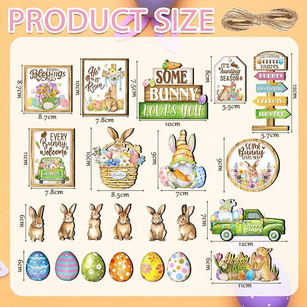 Amyhill 24 Pcs Easter Tiered Tray Decor Bunny Easter Spring Decorations Farmhouse Wooden Signs Gnome Egg Flower Tiered Tray Decor for Home Kitchen Coffee Bar Table Shelf