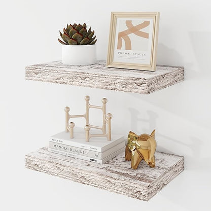 16 Inch Floating Shelves, 9.3" Deep Floating Shelf Wall Mounted, 16" Wall Shelves, Rustic Deep Bookshelf, Large Display Shelves & Storage Shelves for Bedroom, Living Room, Rustic, Set of 2