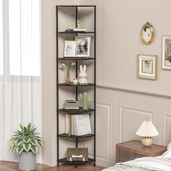 Book Corner Shelf, 7 Tier Corner Bookshelf Display for Living Room Decor, 64.7