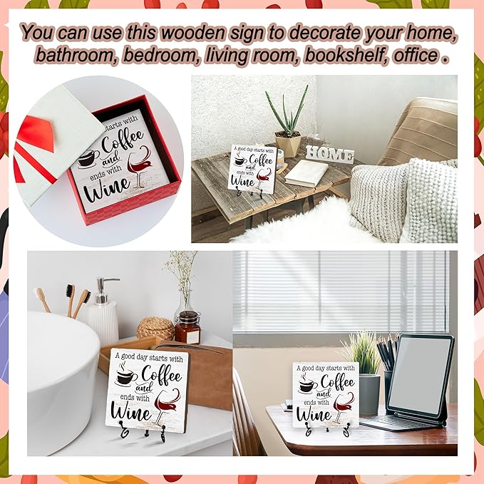 Coffee And Wine Desk Decor Sign, Rustic Wooden Sign With Stand, A Good Day Starts With Coffee And Ends With Wine Sign For Farmhouse Home Kitchen Bar Shelf Table, Gifts For Family Friend Coworker-03