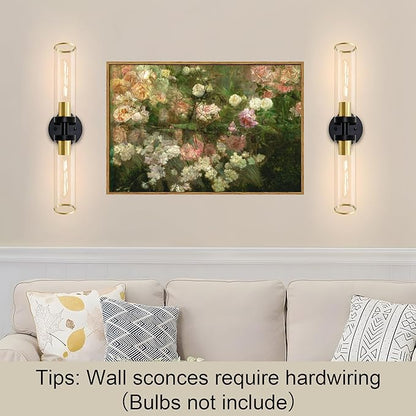 Wall Sconces Set of Two, Black and Gold Bathroom Wall Sconces with Clear Glass,Hardwired Modern Sconces Wall Decor Set of 2 Wall Light for Bathroom Mirror Bedroom Living Room Hallway Vanity