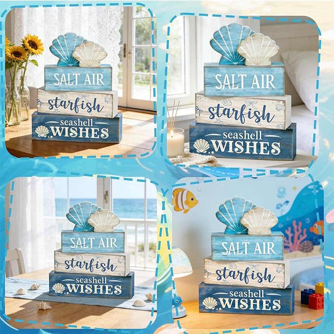 4 Pcs Coastal Summer Beach Tiered Tray Decor Rustic Wooden Nautical Centerpiece Set with Shell Starfish Farmhouse Style Beach Room Decor Summer Tiered Tray Decor