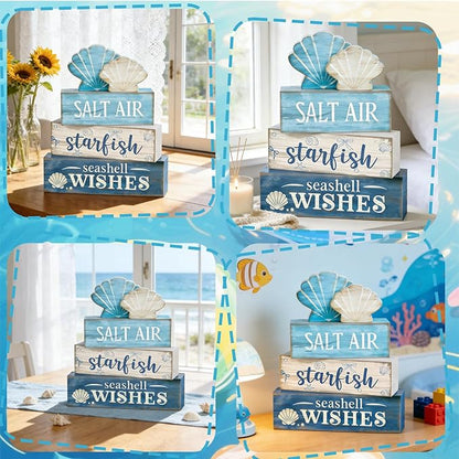 4 Pcs Coastal Summer Beach Tiered Tray Decor Rustic Wooden Nautical Centerpiece Set with Shell Starfish Farmhouse Style Beach Room Decor Summer Tiered Tray Decor