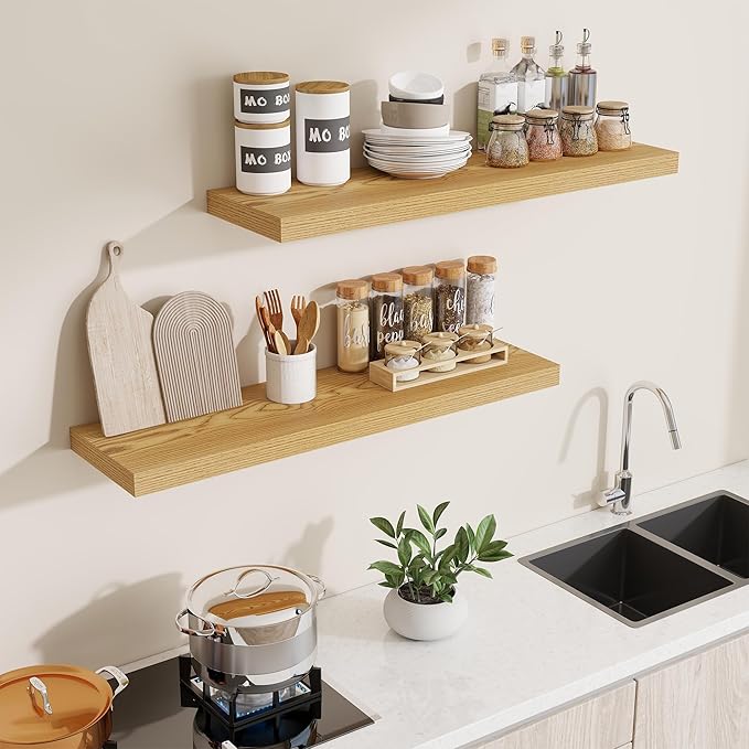 Dreamland 40 Inches Floating Shelves for Wall,9.3 Inch Deep Floating Shelves Set of 2, Large Display & Storage Shelf, Wall Shelf for Bathroom Bedroom Living Room Kitchen Office,Light Brown