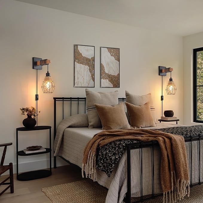 Rustic Wall Sconces Fixtures with Plug in Cord, Set of Two Indoor Vintage Rattan Wall Light Industrial Lamp Fixture Farmhouse Metal Sconces Light for Bedroom Bedside Living Room