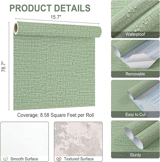 Guvana Grasscloth Peel and Stick Wallpaper Green Textured Contact Paper Modern Removable Self Adhesive Wall Paper Thicken Fabric Faux Linen Wallpaper for Bathroom Kitchen Countertop 197inx15.7in