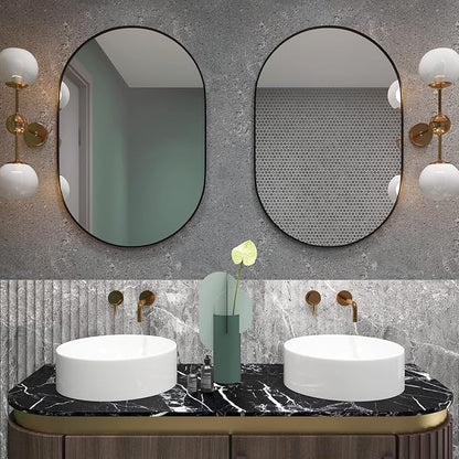 2 Piece Oval Bathroom Mirror Capsule Wall Vanity Mirror, 20"x30" Pill Mirrors Wall Mounted Mirror, Large Modern Mirror with Black Metal Frame, Decor for Entryway, Bedroom, Living Room