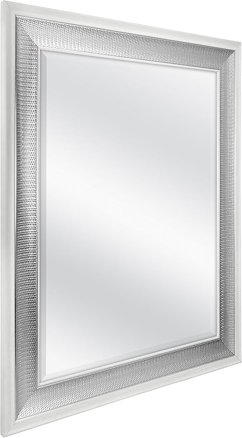 MCS 28.5x34.5 Large Wall Mirror, White Frame with Woven Silver Detail & Beveled Detail Mirror, Vertical & Horizontal Wall Hanging Mirror for Bathroom, Bedroom & Livingroom