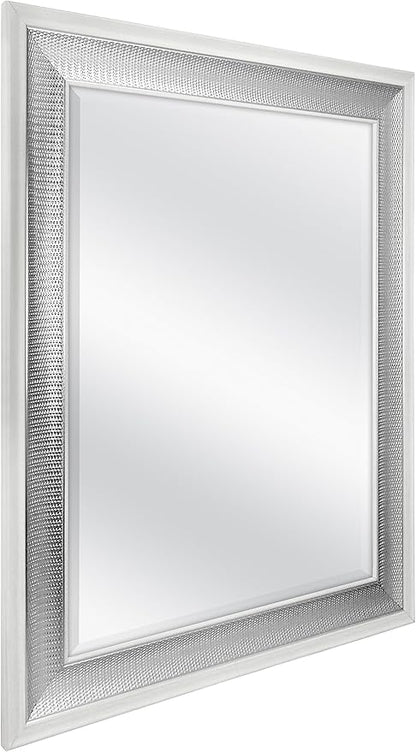 MCS 28.5x34.5 Large Wall Mirror, White Frame with Woven Silver Detail & Beveled Detail Mirror, Vertical & Horizontal Wall Hanging Mirror for Bathroom, Bedroom & Livingroom