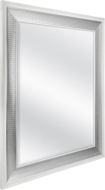 MCS 28.5x34.5 Large Wall Mirror, White Frame with Woven Silver Detail & Beveled Detail Mirror, Vertical & Horizontal Wall Hanging Mirror for Bathroom, Bedroom & Livingroom