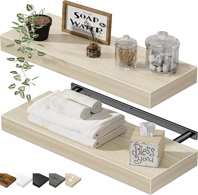 QEEIG Bathroom Floating Shelves for Wall - 15.7" Wall Mounted Shelf Over Toilet Farmhouse Home Decor Display Bookshelf Small 15.7 x 6.7 inch Set of 2, Natural Light Brown (008-40N)