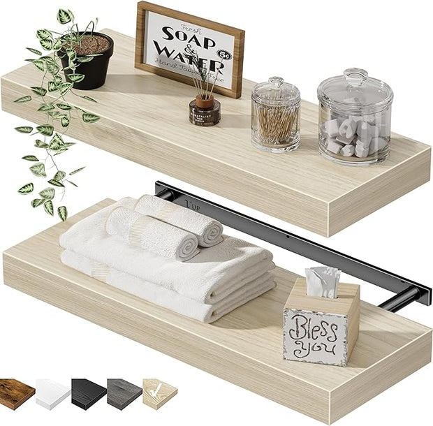 QEEIG Bathroom Floating Shelves for Wall - 15.7" Wall Mounted Shelf Over Toilet Farmhouse Home Decor Display Bookshelf Small 15.7 x 6.7 inch Set of 2, Natural Light Brown (008-40N)