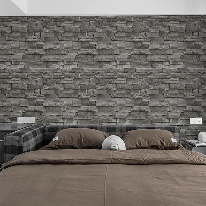Abyssaly Dark Grey Stone Brick Wallpaper Peel and Stick Backsplash Self-Adhesive Removable Contact Paper Stick on Wall Panels Faux 3D Stone Look Brick Shelf Paper Home Decorations 17.71" X 393.7"