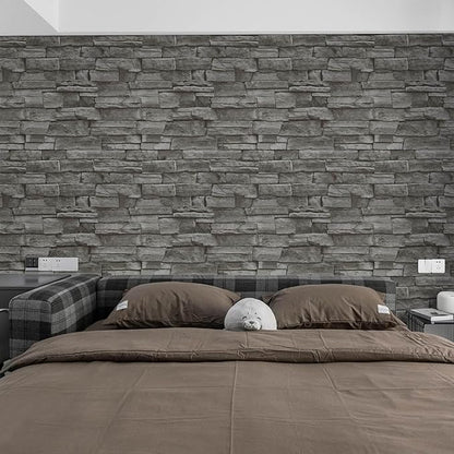 Abyssaly Dark Grey Stone Brick Wallpaper Peel and Stick Backsplash Self-Adhesive Removable Contact Paper Stick on Wall Panels Faux 3D Stone Look Brick Shelf Paper Home Decorations 17.71" X 393.7"