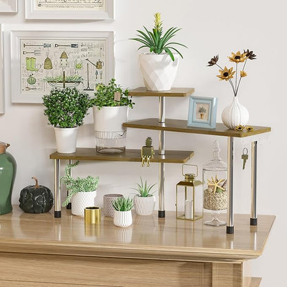 ZHWS Kitchen Corner Shelf Countertop Organizer - 3 Tier Bamboo & Metal Kitchen Organization Plant Stand Living Room Office, Spice Rack On Counter Shelves, Antique