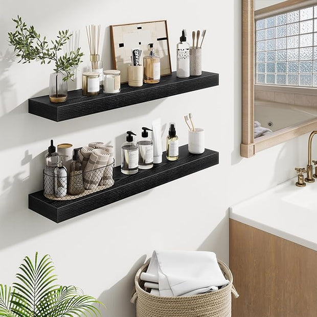 Fun Memories Bathroom Shelves 32 Inch Long Set of 2, Floating Shelves for Wall with Invisible Brackets, for Bedroom, Living Room, Kitchen, Black