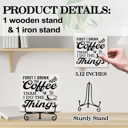 Coffee Bar Decor, Farmhouse Kitchen Table Decor, Coffee Station Accessories, Wooden Decorative Sign with Iron Stand for Table Desk Shelf Display-E20